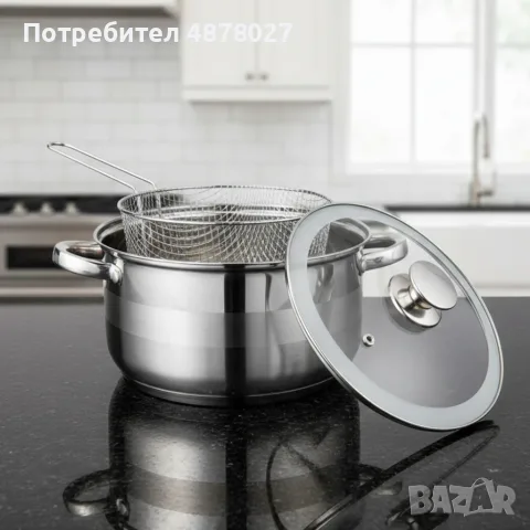 Тенджера с кошница за пържене и стъклен капак Cheffinger  Ø24 см – инокс, 6,5 л, за всички котлони, снимка 4 - Съдове за готвене - 55713760