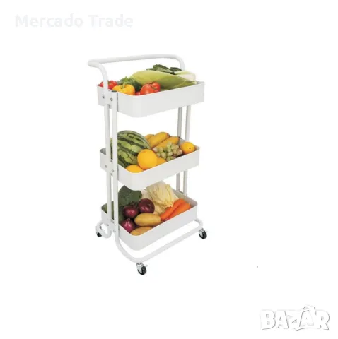 Количка Mercado Trade, За кухня, С колелца, Универсална, 3 рафта, Бял