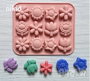 12 цветя цвете лале слънчоглед маргаритка силиконов молд форма фондан гипс шоколад декор бонбони