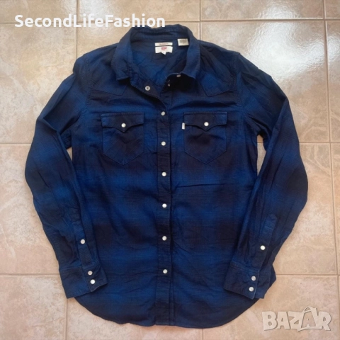 Дамска риза Levi's с дълъг ръкав, синя каре, размер M, синя, закопчаване с копчета, снимка 5 - Ризи - 52516515
