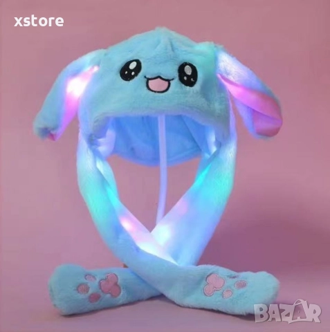 Подвижна шапка зайче с мърдащи се уши и LED светлини