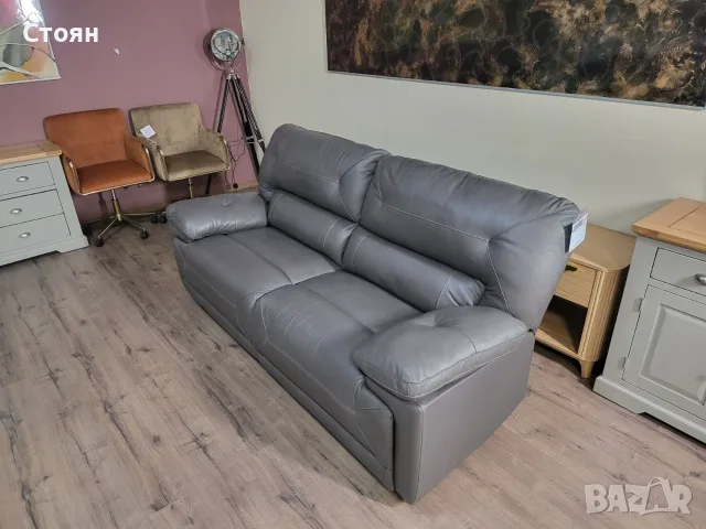 Сив кожен диван тройка, снимка 14 - Дивани и мека мебел - 56509733