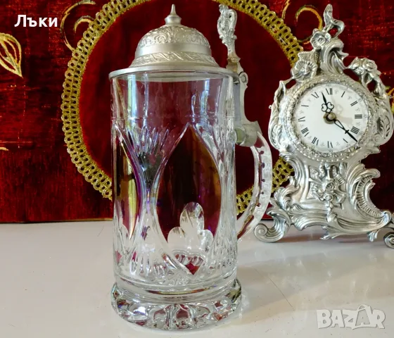 Кристална халба с калаен капак. , снимка 3 - Антикварни и старинни предмети - 56313612