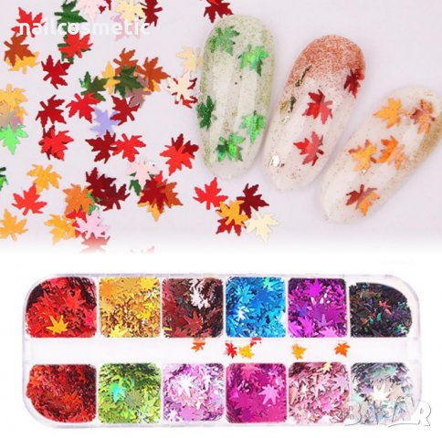 Палитра 12 цвята есенни листа за декорация на маникюр, снимка 1 - Продукти за маникюр - 30052492