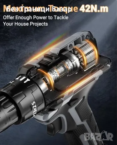 Нов Акумулаторен винтоверт 21V, 42N.m, 2 батерии, 14 части комплект, снимка 4 - Винтоверти - 47367909