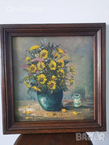 47х40см/малка стара картина масло върху платно-фазер/натюрморт ваза с цветя/дървена рамка