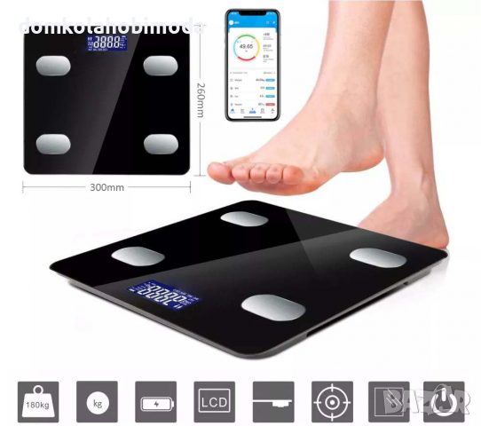 Електронен Smart кантар, До 180 кг,Температура, Мазнини,Bluetooth. и други