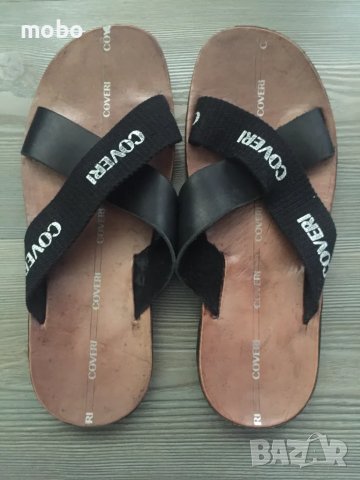 Мъжки чехли от естествена кожа и плат, номер 43, цвят черно, равна подметка – 2см, снимка 1