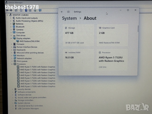 15.6 Lenovo V15 G4`Ryzen 7520U/16GB DDR5/512GB NVMe/Full HD/Батерия 100%-10ч, снимка 6 - Лаптопи за работа - 54048112