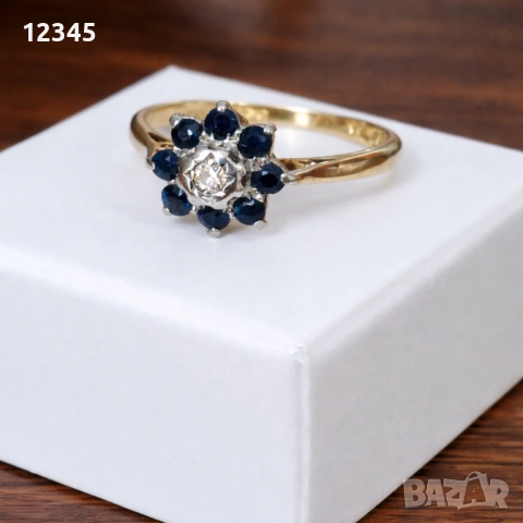 Старинен златен пръстен диамант и сапфири 