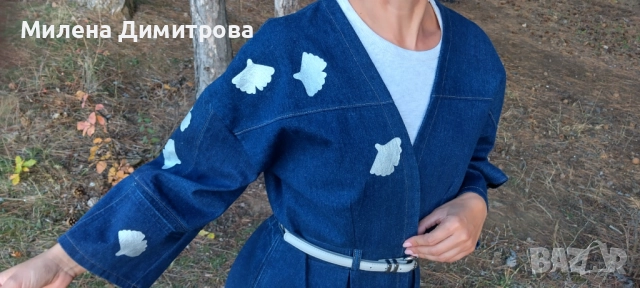 Дамско кимоно от рециклиран деним и рисувана Гинко Билоба , снимка 2 - Сака - 48851511