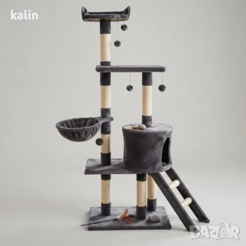 Многоетажна драскалка за котка с къщичка и легло, 6 нива, 138 см, сива