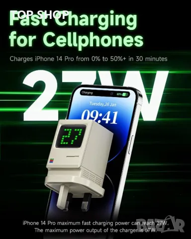 SHARGE USB C зарядно устройство, Retro 67 3-портово, 67W, снимка 4 - Друга електроника - 49522752