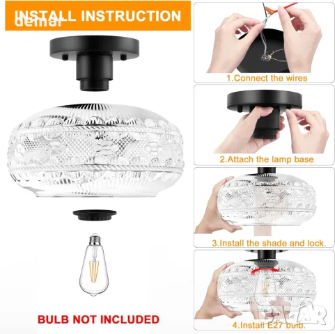 Полуизравнена таванна лампа APOTO, черна, глобус стъклен абажур, крушка не е включена, снимка 5 - Лампи за таван - 48851695