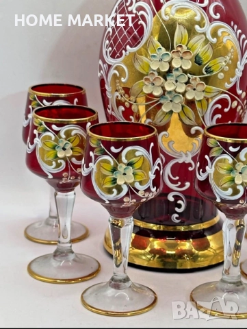 Murano Italy   Circa 1957  Bischoff Cordials Venetian Italian set with  Ruby Red end 18 k Gold  , снимка 2 - Антикварни и старинни предмети - 52718437