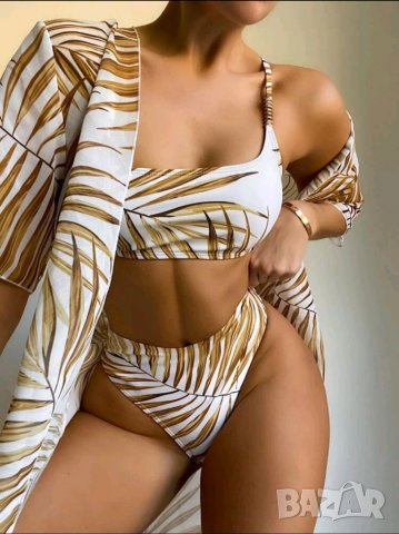 Уникален бял бански с висока талия и златисти  листа Cliche, снимка 1