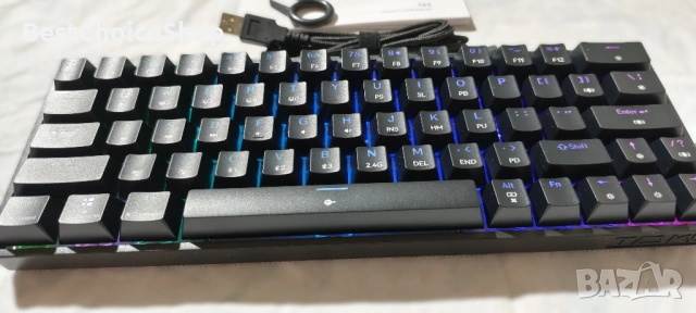 Геймърска клавиатура TMKB T63, механична безжична, Bluetooth, 2.4G, с кабел, RGB подсветка, снимка 2 - Клавиатури и мишки - 53359685