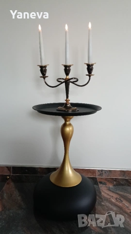 Vintage , метален, немски свещник (канделабър) с три рамена ,  в комбинация от черен и златист цвят, снимка 7 - Декорация за дома - 53904902