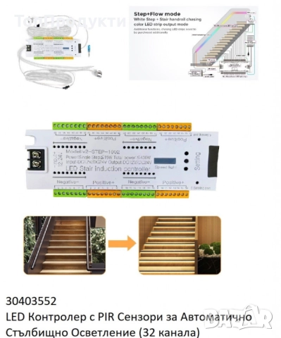 Интелигентен LED контролер със сензор за движение за стълби, 32 канала, 12/24V, снимка 4 - Лед осветление - 52961385