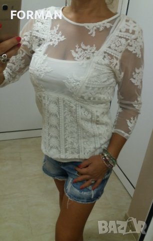 КРАСИВА бяла бродирана блуза с прозрачни ръкави, снимка 2 - Блузи с дълъг ръкав и пуловери - 37862864
