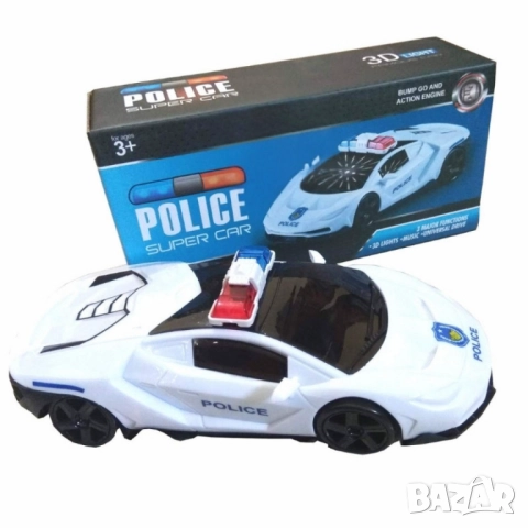 Полицейска кола с 3D светлини и звук – Бяла, въртяща се на 360 градуса, снимка 8 - Коли, камиони, мотори, писти - 52036923