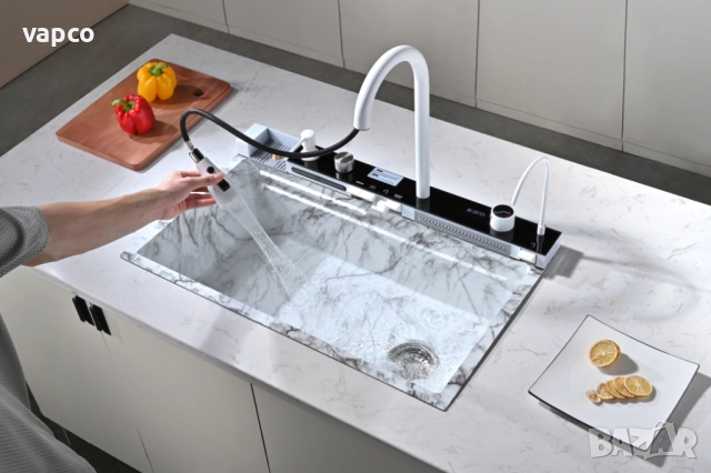 Бял мрамор - Мултифункционална кухненска мивка с двоен водопад , снимка 3 - Мивки - 52128606