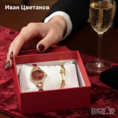 Луксозен дамски сет: часовник с кристали + гривна – в подаръчна опаковка, снимка 2 - Дамски - 52124685
