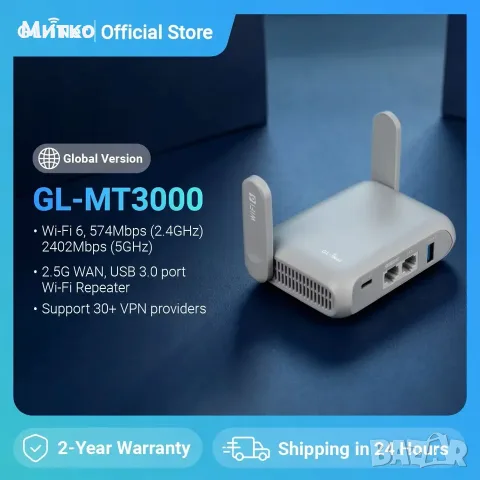 GL.iNet GL-MT3000 (Beryl AX) Wi-Fi 6 Wireless Travel Gigabit Router, Connect Public & Hotel Wi-Fi