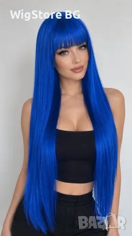 120см синя парти косплей перука с бретон cosplay wig
