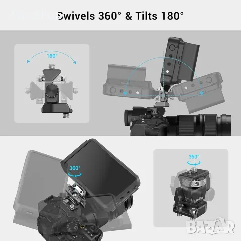 НоваSMALLRIG стойка за монитор за камера с 1/4" винтове, въртене на 360° и регулируем наклон на 180°, снимка 3 - Чанти, стативи, аксесоари - 56139952