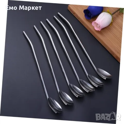 Комплект от 6 броя метални лъжици със сламки 2 в 1, снимка 9 - Други - 48898389