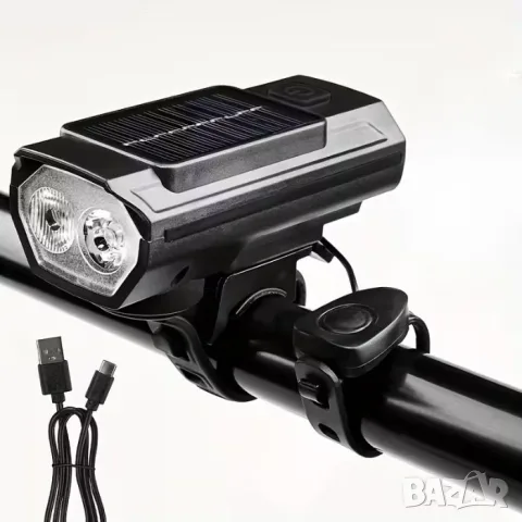 Соларен LED фар със звънец за велосипед, снимка 2 - Аксесоари за велосипеди - 55866669