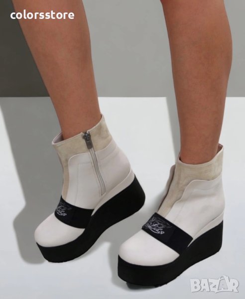 Боти на платформа - бежова кожа с черно ходило - K135, снимка 1