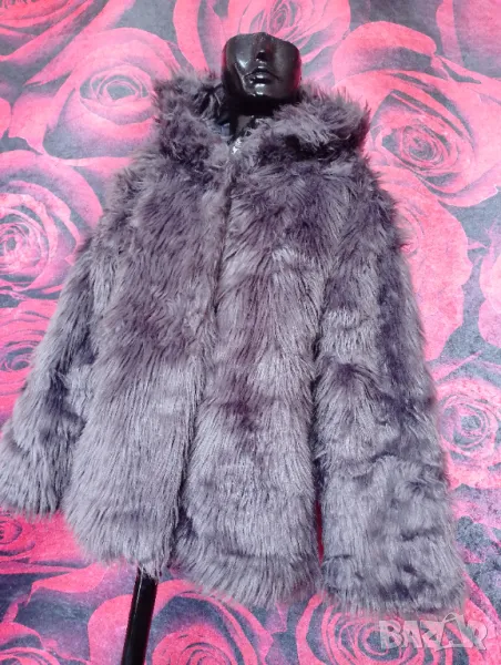 Сив металик палто от еко косъм с пухкава качулка ХЛ  , снимка 1