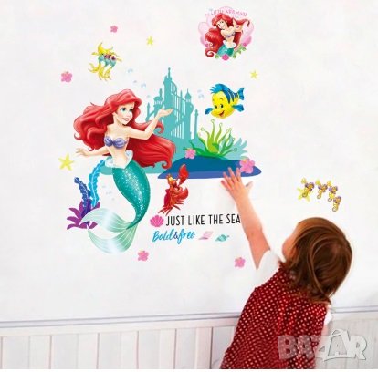 Малката русалка Ариел и Флаундър стикер за стена и мебел детска стая или баня самозалепващ, снимка 1