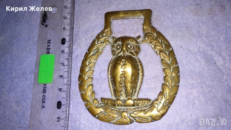 БУХАЛ СОВА с ЛАВРОВ ВЕНЕЦ Старо БРОНЗОВО ДЕКОРАТИВНО АРТ ПАНО за СТЕНА АНГЛИЯ 33988, снимка 1