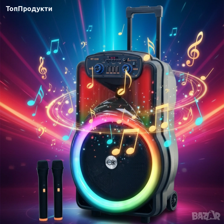Караоке тонколона 12" BT-1218 с Bluetooth, цветомузика и 2 безжични микрофона – 2000W мощност за ист, снимка 1