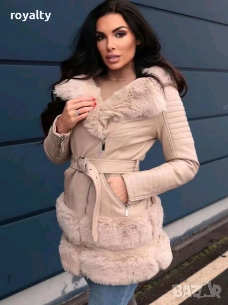 Дамско бежово кожено яке с пух , снимка 1