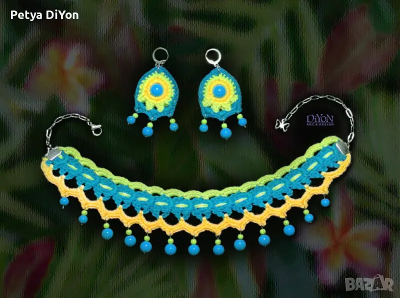 Лятно морско колие гердан и обеци в тропически цветове, снимка 1