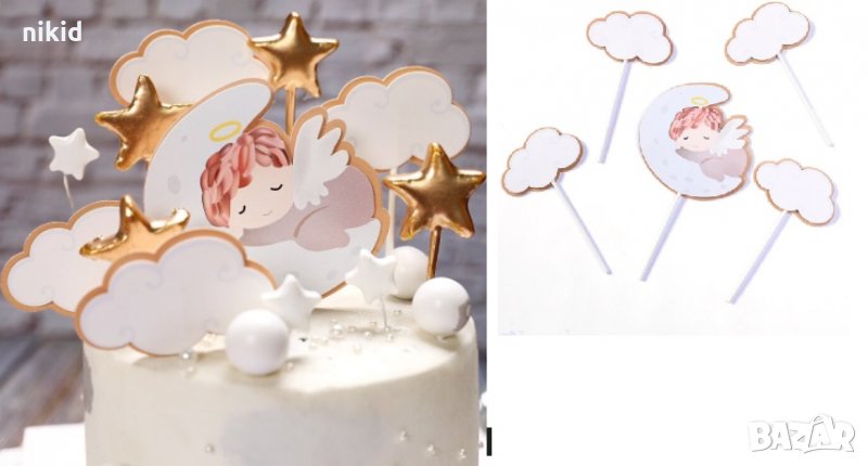 Бебе момченце ангел на луна и облаци 5 бр картонени топер клечки украса за торта пита кръщене, снимка 1