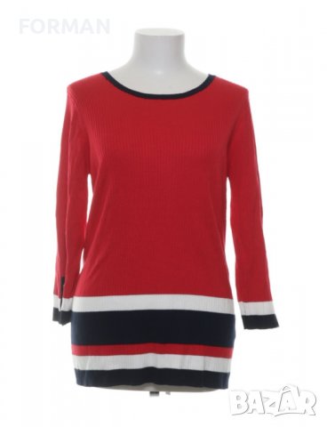 Червена блуза от тънко фино плетиво с бели и сини ивици в долния край, снимка 1 - Тениски - 39399239