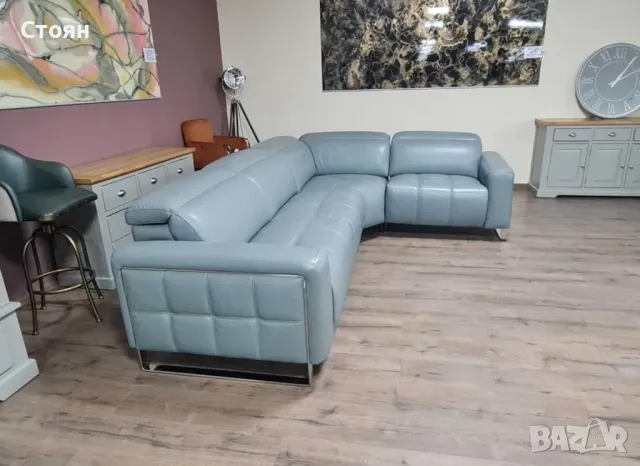  Сиво - син кожен ъглов диван "Marvella", снимка 3 - Дивани и мека мебел - 47498956