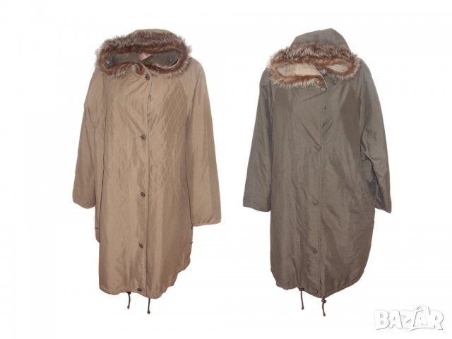 Дамско шушляково палто двулицево бежаво кафяво с качулка естествен косъм, снимка 1 - Якета - 31615540