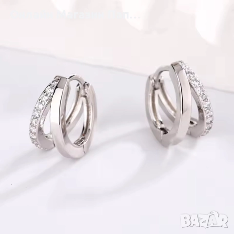 Двойни обеци халки от стомана с циркони – позлатени/посребрени, снимка 2 - Обеци - 52315981