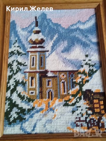 СТАР ГОБЛЕН НЕМСКА ЦЪРКВА ЗИМЕН ПЛАНИНСКИ ПЕЙЗАЖ в ДЪРВЕНА РАМКА 30918, снимка 6 - Гоблени - 37791424