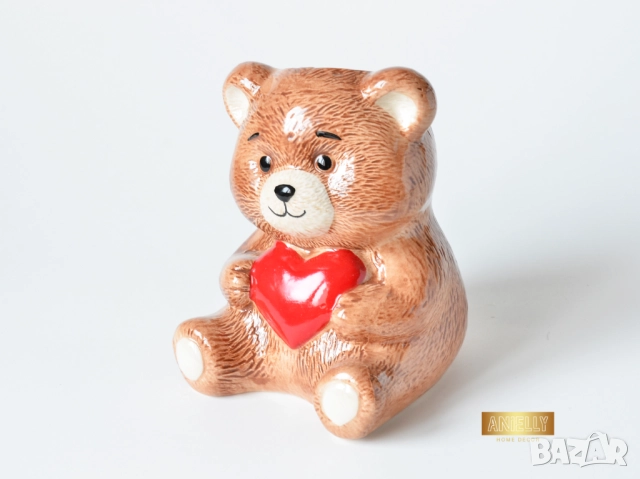 Декоративна Кашпа Мече със Сърце / Керамична Саксия за Цверя и Сукуленти / Подарък за Дете