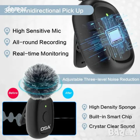 Мини безжичен петличен микрофон OSA за камера и компютър, време за работа до 9 часа, снимка 6 - Микрофони - 47866675