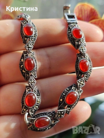 Винтидж сребърен комплект с Карнеол и марказити, снимка 10 - Колиета, медальони, синджири - 53905837