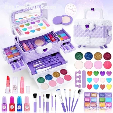 Нов Миещ се Детски Грим Сет комплект 53 Части Четки Лак Червило Гланц За Момичета