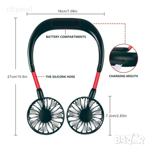 Преносим гъвкав вентилатор за врата, 3-скорости, нисък шум, 2000 mAh, Type C зареждане, снимка 4 - Вентилатори - 50980364